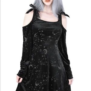 Killstar Black Velvet Celestial Cold-Shoulder Midi Dress
